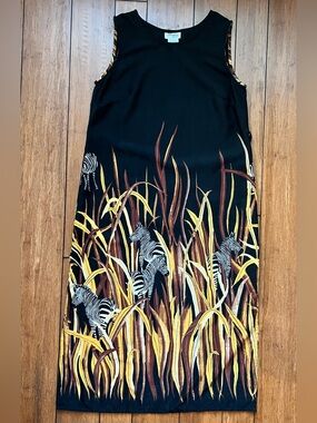 Darian Black Zebra Print Maxi Dress with Golden Grass Detail Size 12P